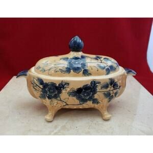 Katherine's Collection Handpainted In Thailand Blue Flower Candy Dish with Lid